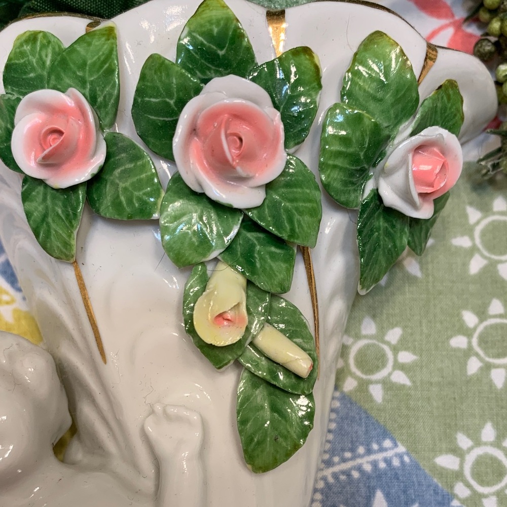 Vintage Dresden Porcelain Floral Cherub Wall Sconce Set - White and Pink - Picture 7 of 16